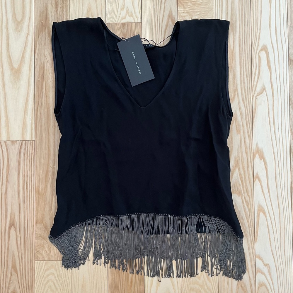 NWT Black Zara Top with Metallic Fringe